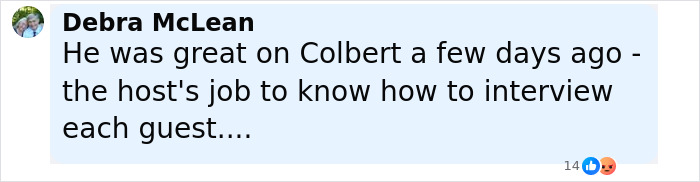 Screenshot of a Facebook comment by Debra McLean discussing Keanu Reeves as a guest and interview skills. Screenshot of a Facebook comment by Debra McLean discussing Keanu Reeves as a guest and interview skills.