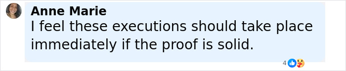 Comment from Anne Marie expressing support for capital punishment if evidence is solid in a violent stabbing case. Comment from Anne Marie expressing support for capital punishment if evidence is solid in a violent stabbing case.