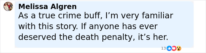 Comment from Melissa Algren expressing support for capital punishment in a jealous stabbing and pentagram carving case. Comment from Melissa Algren expressing support for capital punishment in a jealous stabbing and pentagram carving case.