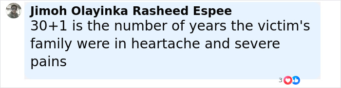 Comment highlighting the victim's family enduring heartache and severe pain for 30+1 years related to a woman’s capital punishment case. Comment highlighting the victim's family enduring heartache and severe pain for 30+1 years related to a woman’s capital punishment case.