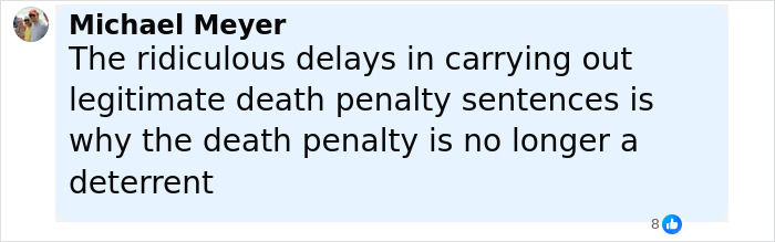 Comment by Michael Meyer criticizing delays in carrying out legitimate death penalty sentences affecting deterrence. Comment by Michael Meyer criticizing delays in carrying out legitimate death penalty sentences affecting deterrence.