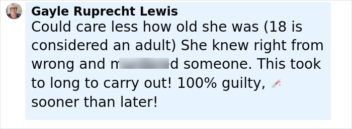 Commenter Gayle Ruprecht Lewis expressing strong opinion on woman getting date for capital punishment over jealous stabbing case. Commenter Gayle Ruprecht Lewis expressing strong opinion on woman getting date for capital punishment over jealous stabbing case.