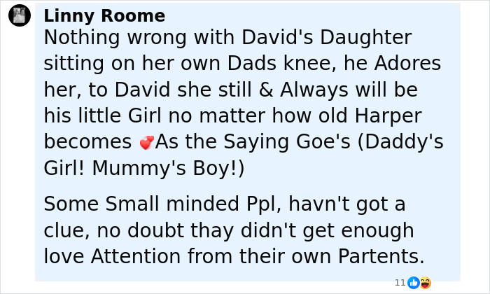 Comment defending David Beckham letting his 14-year-old daughter sit on his lap amid creepy relationship criticism. Comment defending David Beckham letting his 14-year-old daughter sit on his lap amid creepy relationship criticism.