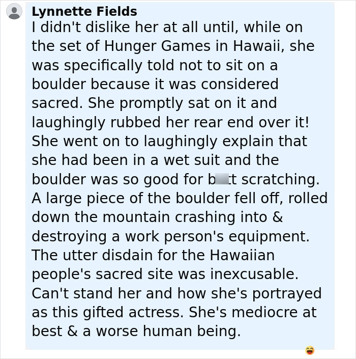 Comment criticizing Jennifer Lawrence's personality and behavior on a Hawaii movie set related to She Married A Rich Art Dealer. Comment criticizing Jennifer Lawrence's personality and behavior on a Hawaii movie set related to She Married A Rich Art Dealer.