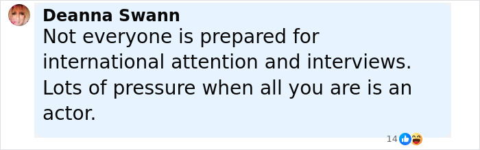 A social media post by Deanna Swann discussing the pressure actors face with international attention and interviews.
