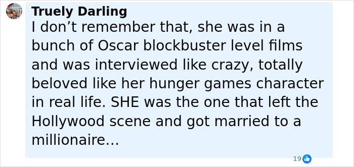 Comment from Truely Darling discussing Jennifer Lawrence’s Hollywood career and marriage to a rich art dealer. Comment from Truely Darling discussing Jennifer Lawrence’s Hollywood career and marriage to a rich art dealer.