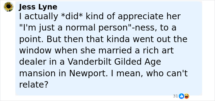 Screenshot of a social media comment discussing marrying a rich art dealer and personality rejection in a casual tone. Screenshot of a social media comment discussing marrying a rich art dealer and personality rejection in a casual tone.
