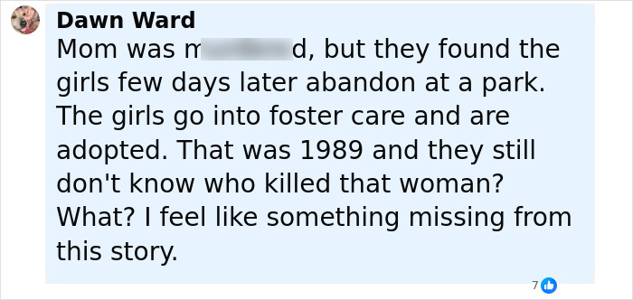 Comment text discussing sisters found alive decades after being reported missing, mentioning foster care and adoption. Comment text discussing sisters found alive decades after being reported missing, mentioning foster care and adoption.