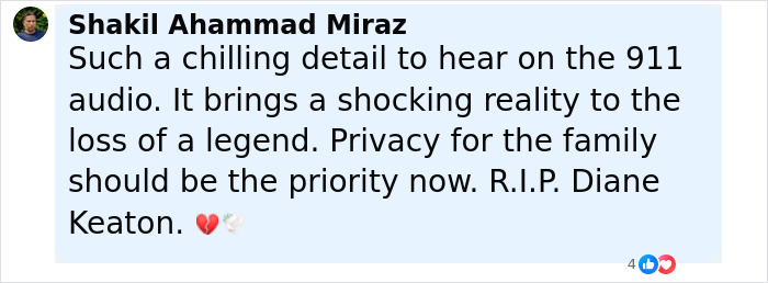 Comment mentioning chilling detail to hear on the 911 call about Diane Keaton’s last moments and tribute messages. Comment mentioning chilling detail to hear on the 911 call about Diane Keaton’s last moments and tribute messages.