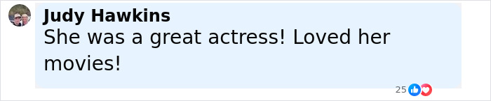 Comment by Judy Hawkins praising Diane Keaton as a great actress and expressing love for her movies. Comment by Judy Hawkins praising Diane Keaton as a great actress and expressing love for her movies.