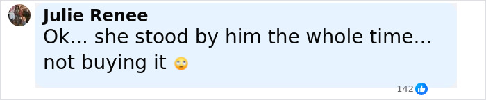 Facebook comment saying Ok... she stood by him the whole time... not buying it, related to Bijou Phillips cutting ties with jailed husband Danny Masterson. Facebook comment saying Ok... she stood by him the whole time... not buying it, related to Bijou Phillips cutting ties with jailed husband Danny Masterson.