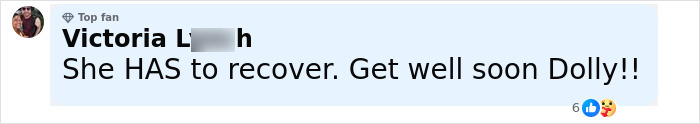 Comment from a top fan Victoria expressing well wishes for Dolly Parton's recovery amid health struggles. Comment from a top fan Victoria expressing well wishes for Dolly Parton's recovery amid health struggles.