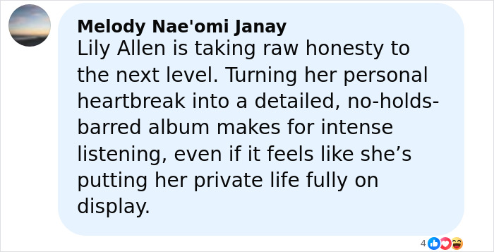 Comment about Lily Allen and her brutal album revealing raw honesty and personal heartbreak in intense music. Comment about Lily Allen and her brutal album revealing raw honesty and personal heartbreak in intense music.