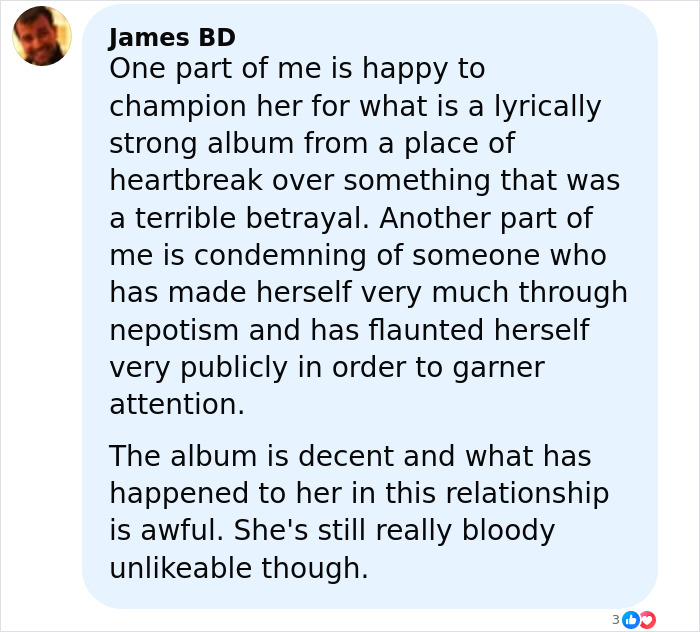 Commenter sharing mixed views on Lily Allen’s lyrically strong album about David Harbour and its emotional impact. Commenter sharing mixed views on Lily Allen’s lyrically strong album about David Harbour and its emotional impact.