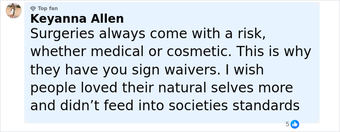 Comment from user Keyanna Allen about risks and societal standards related to fox eyes surgery complications shared by influencer. Comment from user Keyanna Allen about risks and societal standards related to fox eyes surgery complications shared by influencer.