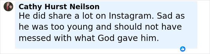 Comment from Cathy Hurst Neilson expressing sadness about influencer’s complications from popular Fox Eyes surgery. Comment from Cathy Hurst Neilson expressing sadness about influencer’s complications from popular Fox Eyes surgery.