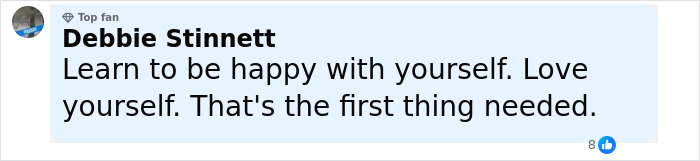 Comment from Debbie Stinnett discussing self-love and happiness in a social media post about fox eyes surgery complications. Comment from Debbie Stinnett discussing self-love and happiness in a social media post about fox eyes surgery complications.