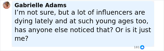 Social media comment discussing influencers passing away and raising concerns about Fox Eyes surgery complications. Social media comment discussing influencers passing away and raising concerns about Fox Eyes surgery complications.