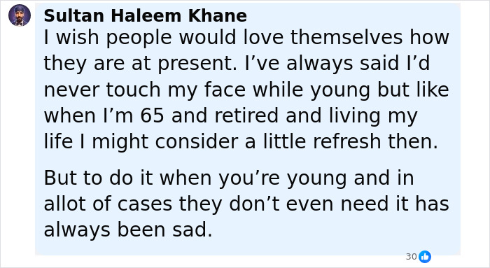 Comment by Sultan Haleem Khane reflecting on self-love and cautioning against young Fox Eyes surgery complications. Comment by Sultan Haleem Khane reflecting on self-love and cautioning against young Fox Eyes surgery complications.