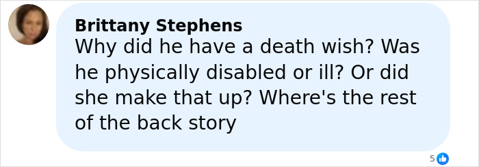 Comment by Brittany Stephens questioning the circumstances behind a teen son's death wish in a 911 call case.