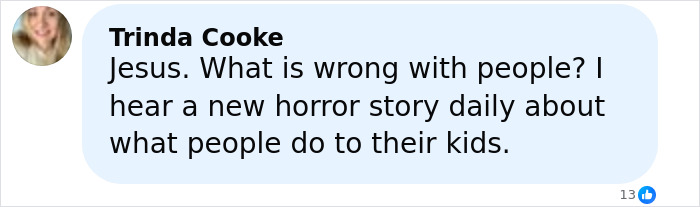 Comment by Trinda Cooke expressing shock and horror over disturbing stories of harm to children shared online.