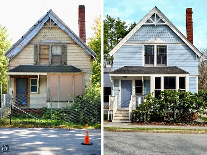 Old house before and after restoration, showcasing historical glory with refreshed paint, windows, and repaired architecture.
