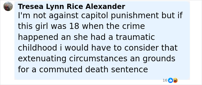 Comment discussing a woman's case involving capital punishment for a jealous stabbing and pentagram carving. Comment discussing a woman's case involving capital punishment for a jealous stabbing and pentagram carving.