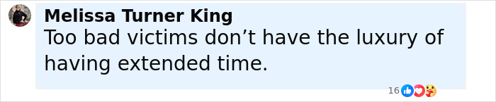 Comment by Melissa Turner King expressing sympathy for victims lacking extended time, related to jealous stabbing case. Comment by Melissa Turner King expressing sympathy for victims lacking extended time, related to jealous stabbing case.