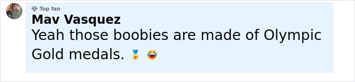 Comment from a top fan Mav Vasquez joking about Simone Biles and plastic surgery rumors during an online discussion. Comment from a top fan Mav Vasquez joking about Simone Biles and plastic surgery rumors during an online discussion.