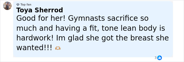 Fan comment praising Simone Biles' fit, toned body amid plastic surgery rumors in a supportive social media post. Fan comment praising Simone Biles' fit, toned body amid plastic surgery rumors in a supportive social media post.