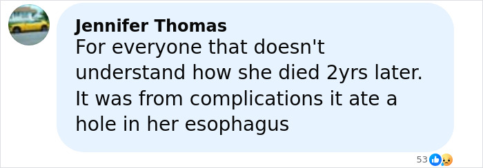 Comment from Jennifer Thomas explaining complications causing a mom’s death due to a restaurant’s drink mistake.