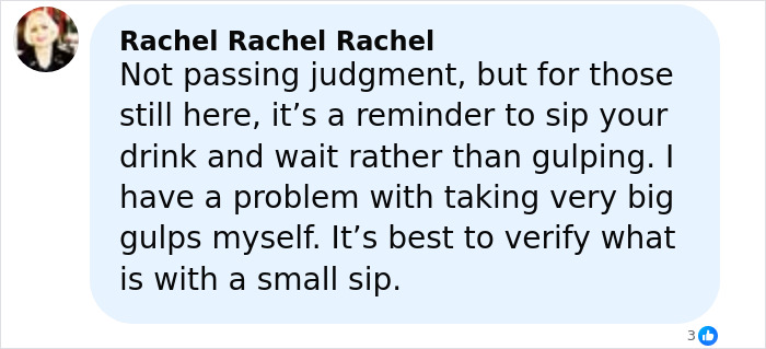 Comment by Rachel advising to sip drinks slowly and verify contents after restaurant drink mistake causes harm to mom.