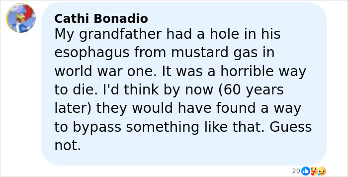 Comment about mustard gas injury shared on social media, related to a mom passing after restaurant’s brutal mistake.