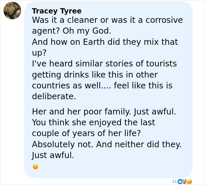 Commenter expressing concern over a restaurant’s brutal mistake with a drink leading to a mom’s tragic passing.