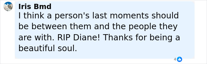 Comment expressing condolences for Diane Keaton’s last moments, highlighting appreciation for her soul and RIP message. Comment expressing condolences for Diane Keaton’s last moments, highlighting appreciation for her soul and RIP message.
