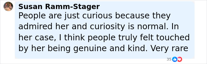 Comment by Susan Ramm-Stager about public curiosity and admiration for Diane Keaton’s genuine and kind nature. Comment by Susan Ramm-Stager about public curiosity and admiration for Diane Keaton’s genuine and kind nature.