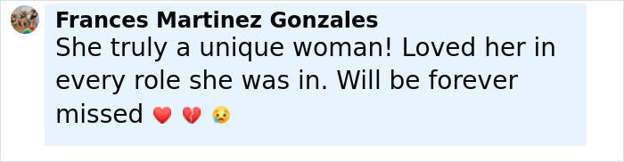 Facebook comment by Frances Martinez Gonzales expressing admiration and sorrow over Diane Keaton’s last moments revealed in 911 call. Facebook comment by Frances Martinez Gonzales expressing admiration and sorrow over Diane Keaton’s last moments revealed in 911 call.