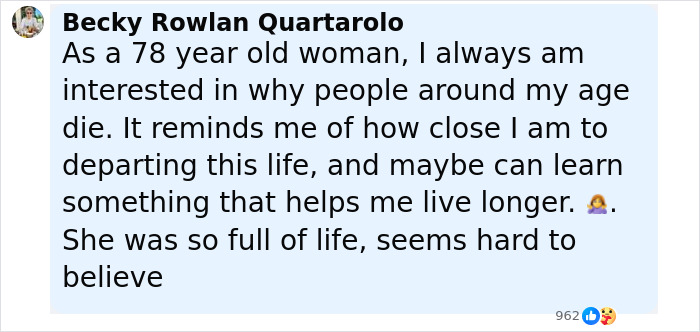 Screenshot of a Facebook comment reflecting on life and death, related to Diane Keaton's last moments and 911 call details. Screenshot of a Facebook comment reflecting on life and death, related to Diane Keaton's last moments and 911 call details.