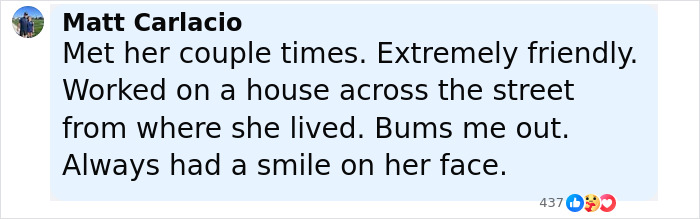 Comment from Matt Carlacio describing Diane Keaton as friendly with a smile, recalling her last moments shared in a 911 call. Comment from Matt Carlacio describing Diane Keaton as friendly with a smile, recalling her last moments shared in a 911 call.