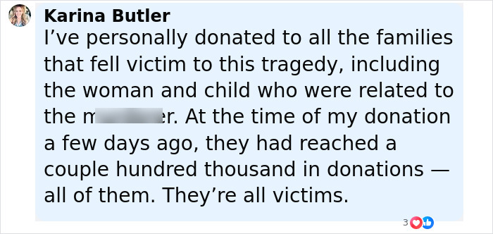 Alt text: Comment by Karina Butler discussing donations for victims related to the Michigan church attack involving Mormons raising funds. Alt text: Comment by Karina Butler discussing donations for victims related to the Michigan church attack involving Mormons raising funds.