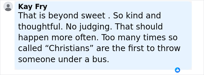 Comment by Kay Fry praising kindness and lack of judgment from Christians in response to a church attack fundraising. Comment by Kay Fry praising kindness and lack of judgment from Christians in response to a church attack fundraising.