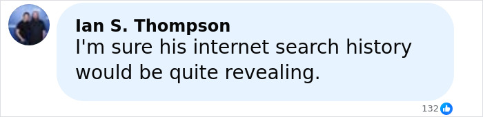 Comment by Ian S. Thompson discussing the revealing nature of someone's internet search history, with blurred profile image.