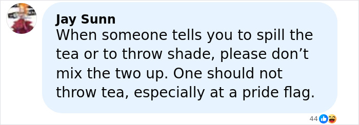 Comment about spilling tea and throwing shade related to a pride flag, linked to Florida man tantrum incident.