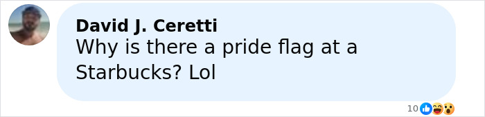 Comment questioning the presence of a pride flag at a Starbucks, related to Florida man arrest incident.