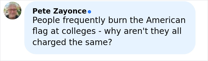 Comment by Pete Zayonce questioning charges related to burning the American flag at colleges.