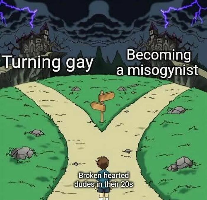 Young man at a fork in the road choosing between two dark castles labeled as evil thoughts in a meme style.