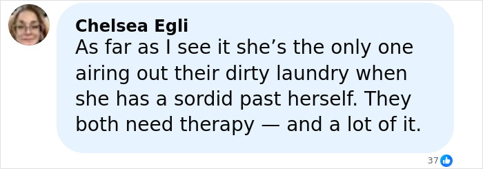 Comment from Chelsea Egli discussing airing dirty laundry and the need for therapy in a social media post. Comment from Chelsea Egli discussing airing dirty laundry and the need for therapy in a social media post.
