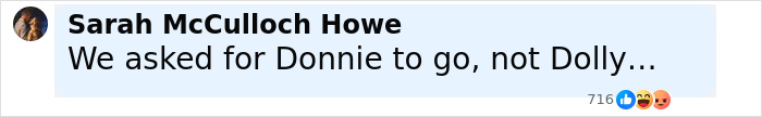 Screenshot of a social media comment by Sarah McCulloch Howe mentioning Dolly Parton amid health struggles. Screenshot of a social media comment by Sarah McCulloch Howe mentioning Dolly Parton amid health struggles.
