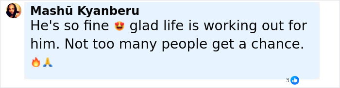 Comment praising the world's hottest felon, expressing happiness about his life improving with fire and prayer emojis. Comment praising the world's hottest felon, expressing happiness about his life improving with fire and prayer emojis.