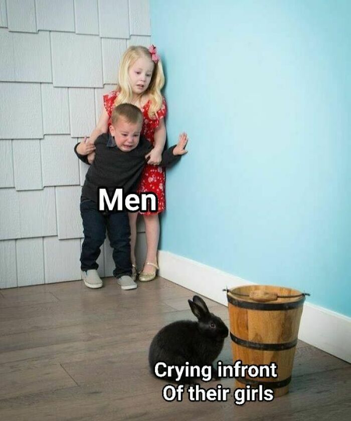 Two children with the boy labeled men backing away while a black rabbit labeled crying in front of their girls, meme about evil thoughts.